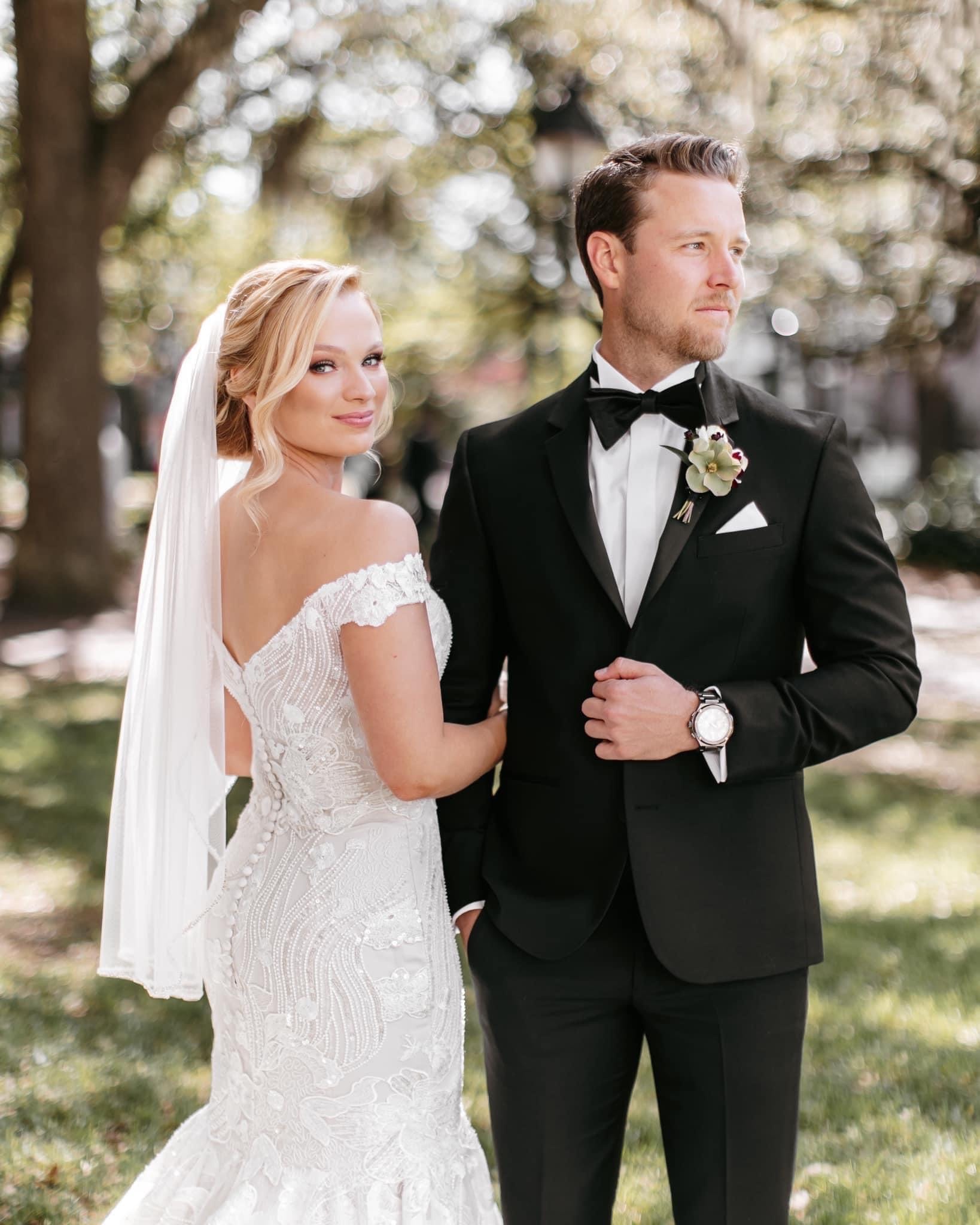 Bride and groom in garden